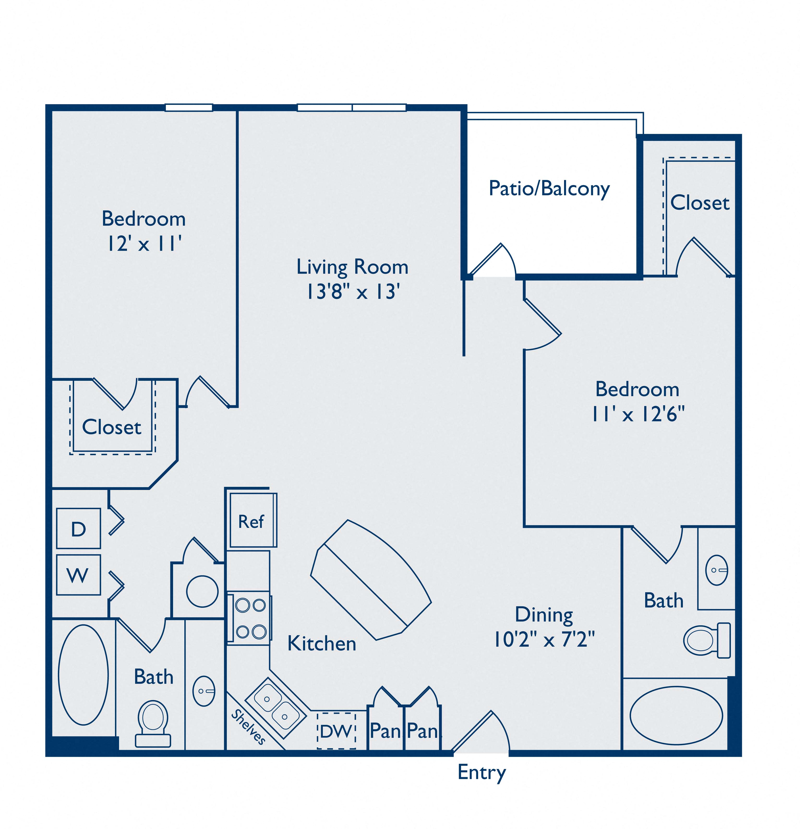Floor plan for 2 beds, 2 baths, 1158 sqft